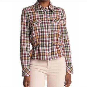 Veronica Beard NWT Shania Plaid Long Sleeve Linen Cinched Top Blouse Size 0